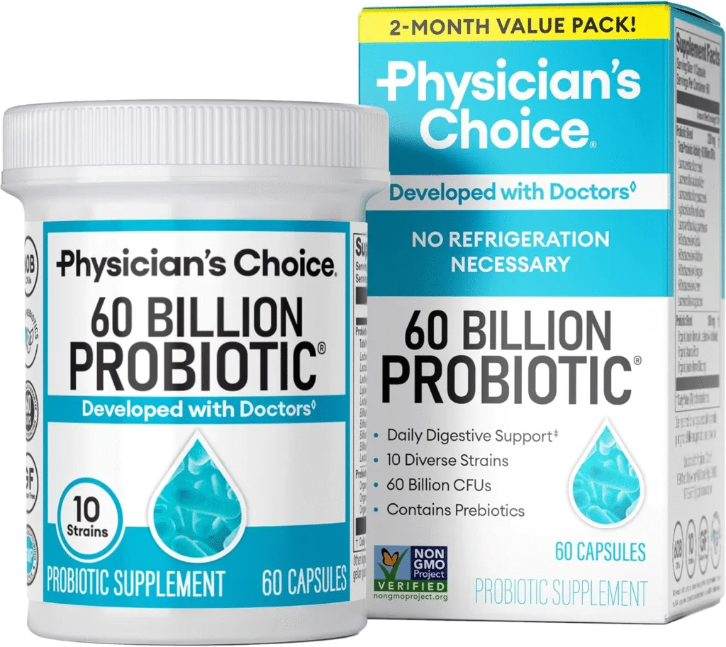 Physician's Choice 60 Billion Probiotic supplement bottles and box. Two-month supply.