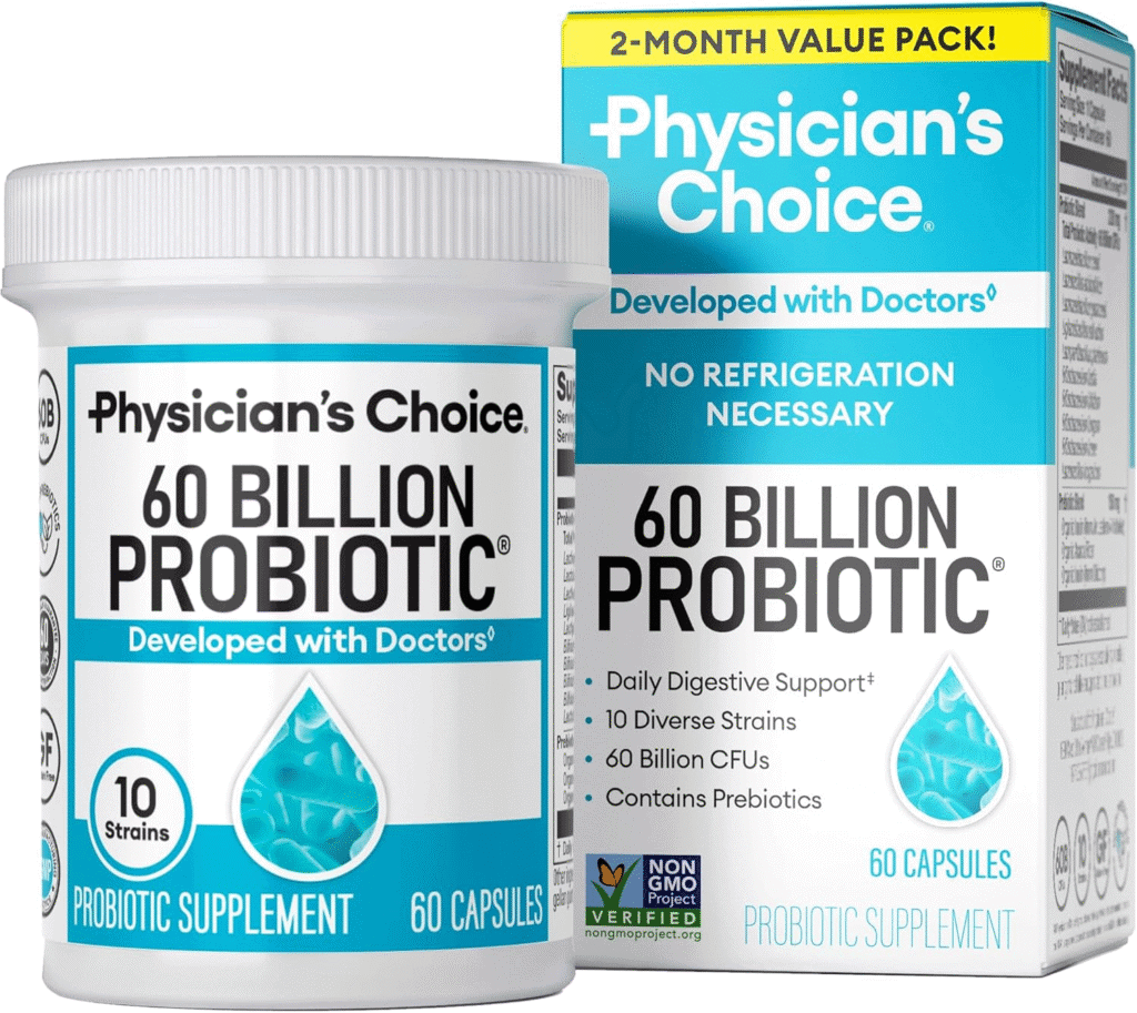 Physician's Choice 60 Billion Probiotic supplement bottles and box. Two-month supply.