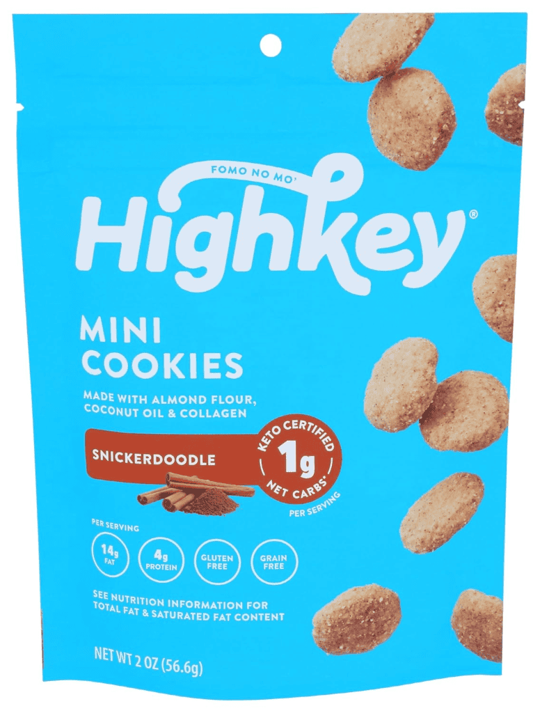 Highkey Mini Snickerdoodle Cookies; Keto Certified, 1g net carbs per serving.