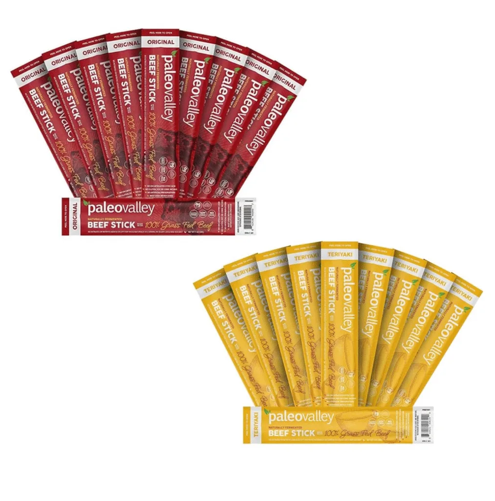 Paleovalley beef sticks, original and teriyaki flavors. Keto, Atkins, Paleo, and South Beach diet options.