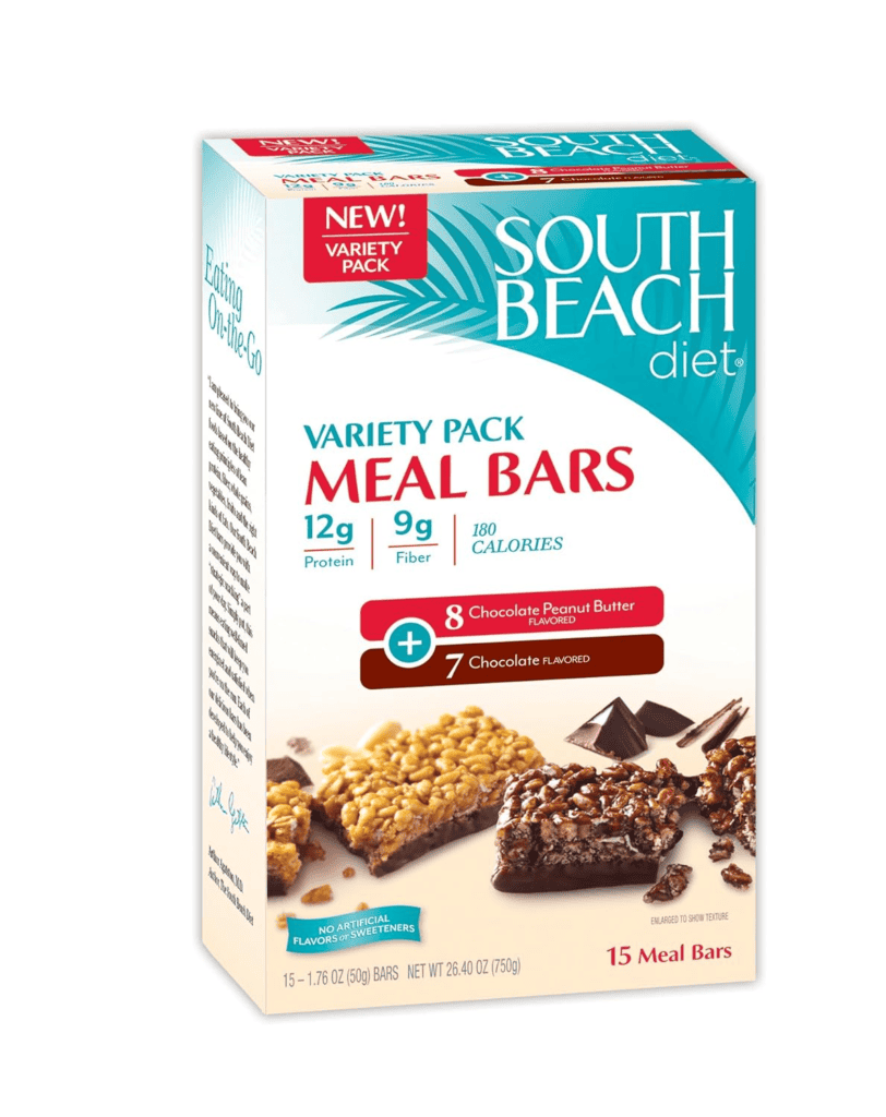 South Beach Diet meal bars variety pack: 15 bars, 12g protein, 9g fiber, 180 calories per bar.