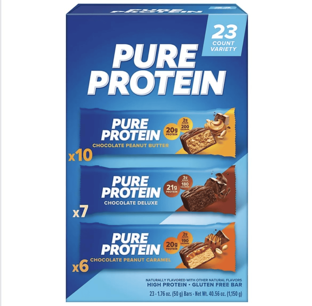Pure Protein bar variety pack: 10 Chocolate Peanut Butter, 7 Chocolate Deluxe, 6 Chocolate Peanut Caramel. 23 bars total.