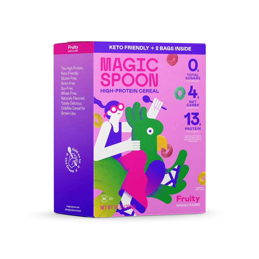 Magic Spoon Fruity cereal box; keto-friendly, high-protein, 0g total sugars.
