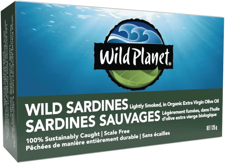 Wild Planet Wild Sardines can, lightly smoked in organic extra virgin olive oil. Keto-friendly.