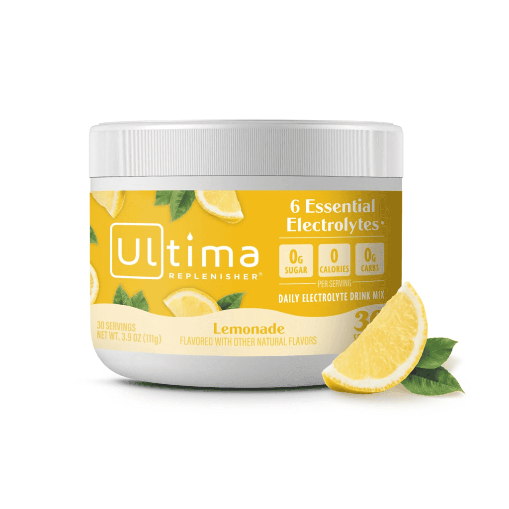 Ultima Replenisher Lemonade electrolyte drink mix. 30 servings, 0g sugar, 0 calories, 0g carbs.