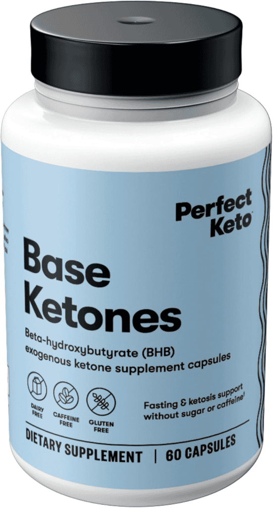 Perfect Keto Base Ketones supplement bottle. 60 capsules. Dairy, caffeine, and gluten free.