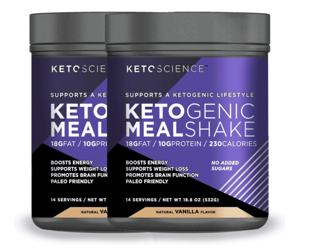 Two KetoScience Ketogenic Meal Shakes, vanilla flavor, supporting a ketogenic lifestyle for weight loss.