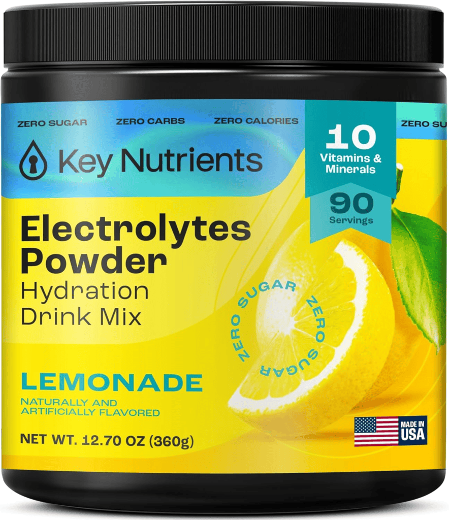 Key Nutrients Electrolytes Powder Lemonade Hydration Drink Mix, 90 servings, zero sugar, carbs, and calories. Made in the USA.