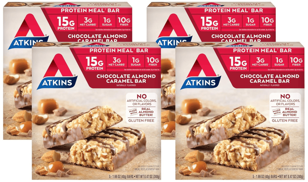 Four Atkins Chocolate Almond Caramel bars, 15g protein, 3g net carbs. Keto diet friendly.