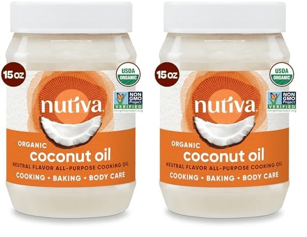 Two 15oz jars of Nutiva Organic Coconut Oil.