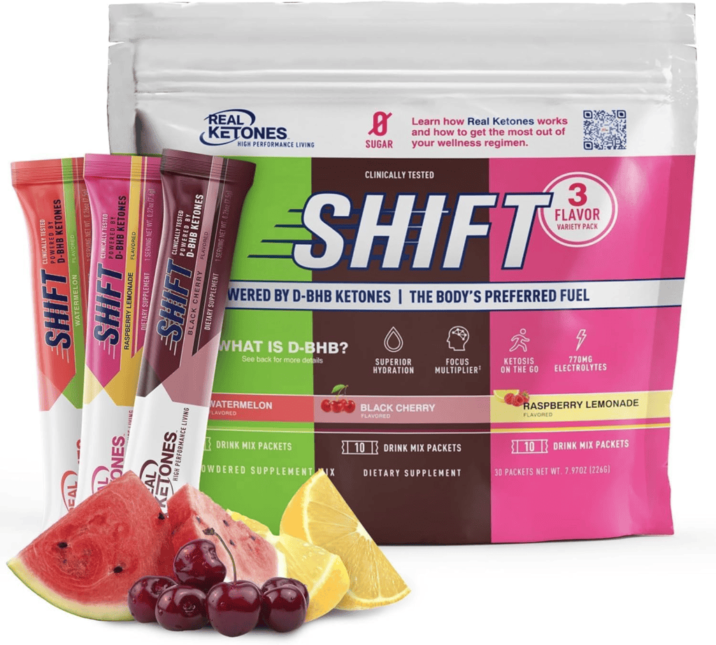 Real Ketones Shift 3-flavor variety pack with watermelon, raspberry lemonade, and black cherry drink mix packets.