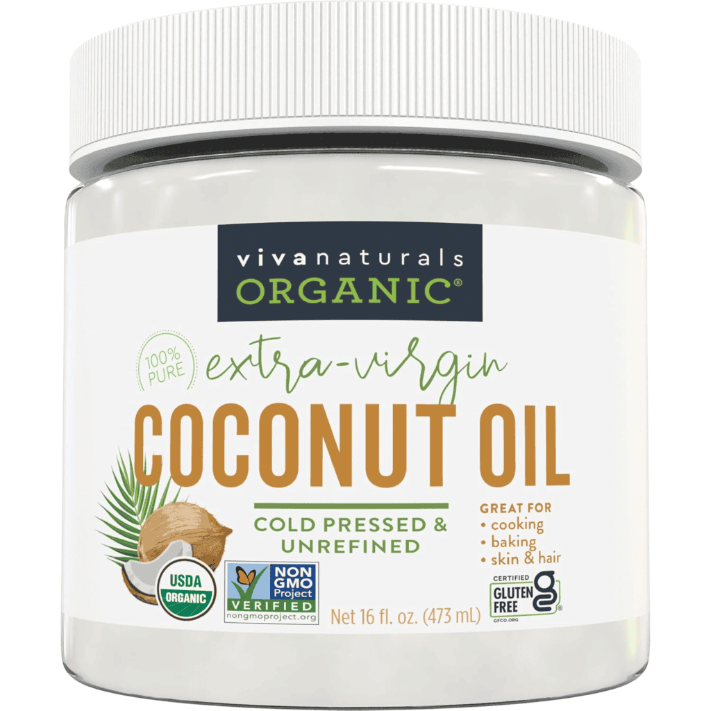 Viva Naturals Organic Extra Virgin Coconut Oil jar. Keto-friendly cooking oil.