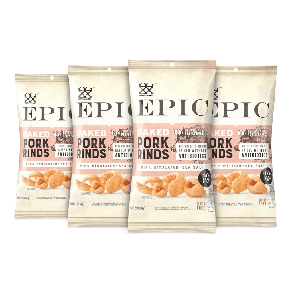 Four bags of Epic Baked Pork Rinds, a keto-friendly snack.