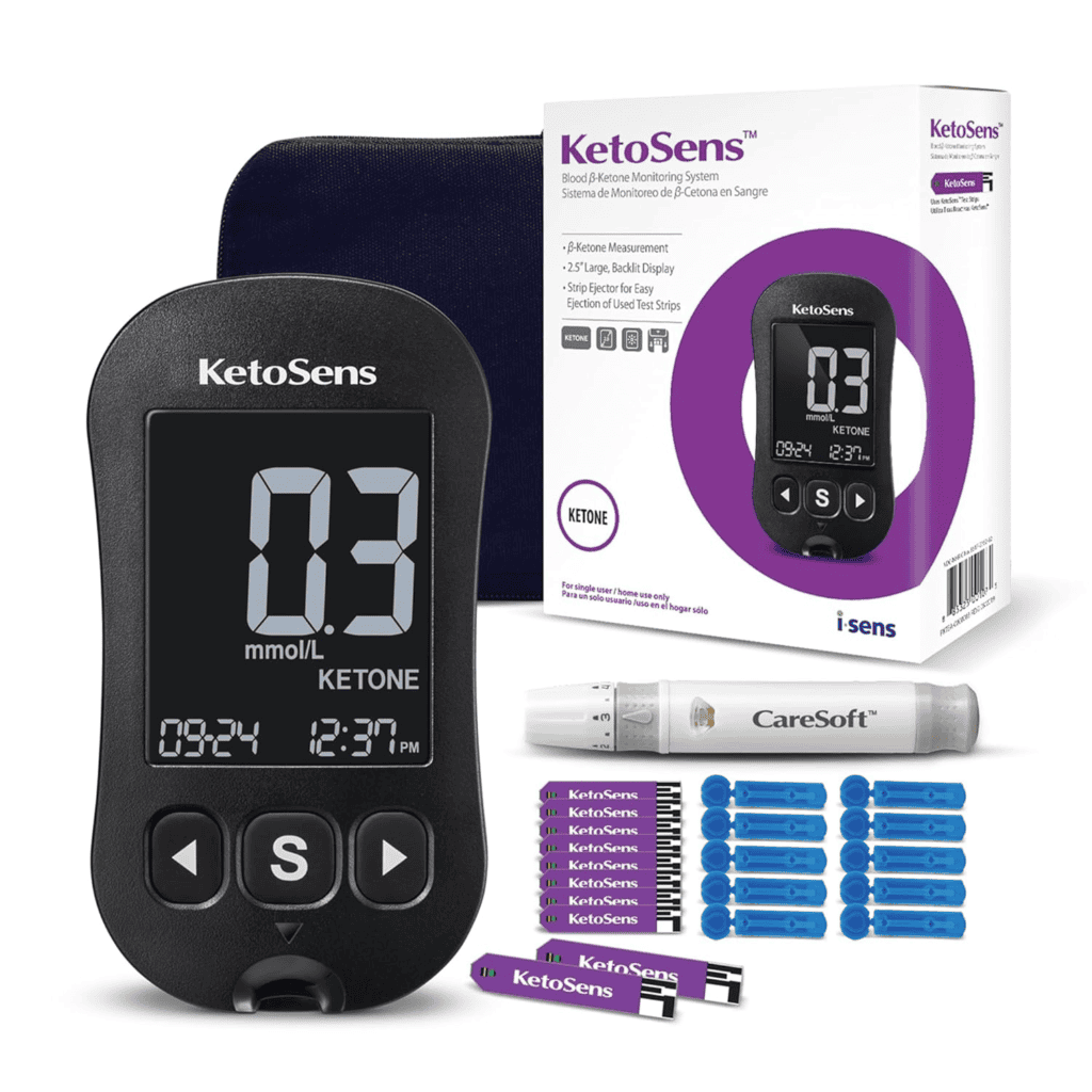 KetoSens blood ketone meter kit with test strips. Measures blood ketone levels for ketogenic diets.