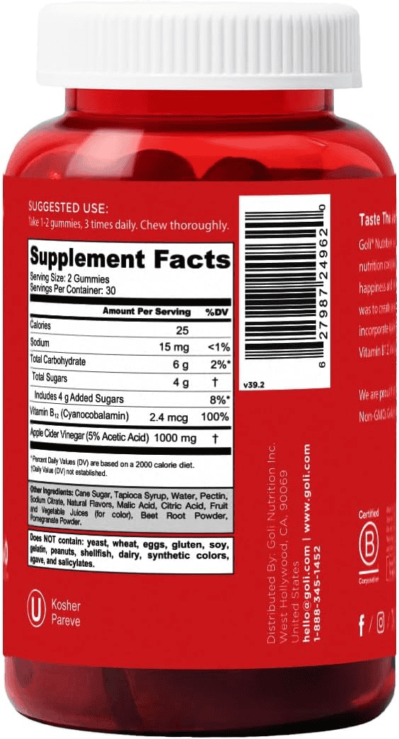Goli Nutrition Apple Cider Vinegar Gummies bottle with supplement facts
