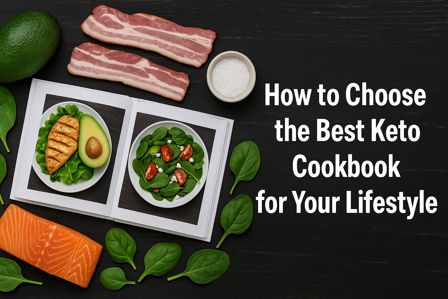 How to choose the best keto cookbook for your lifestyle. Keto cookbook open to recipes featuring salmon, chicken, bacon, avocado, and spinach salad. How to choose the best keto cookbook for your lifestyle.