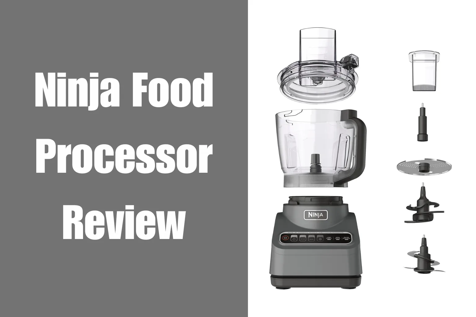 Ninja food processor Review exploded view showing all parts and accessories.