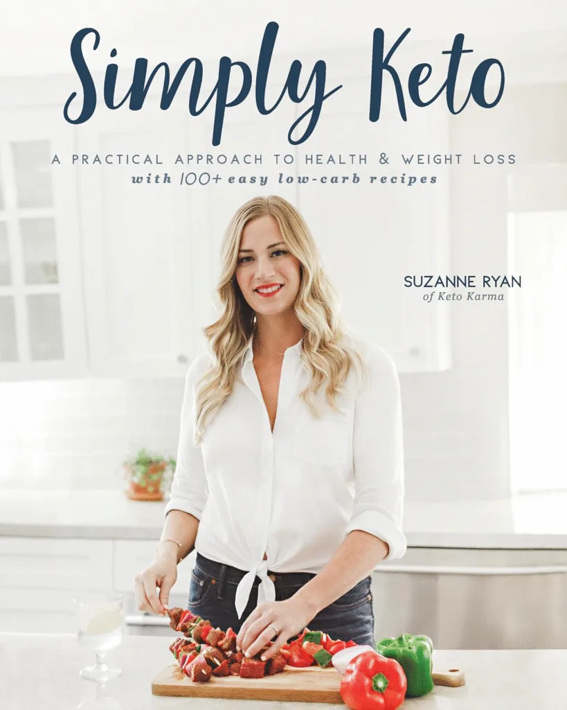 Woman preparing keto recipe from Simply Keto cookbook
