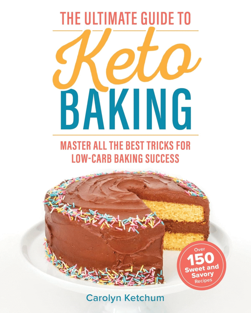 Keto baking cookbook cover featuring a delicious chocolate cake. Over 150 recipes included.