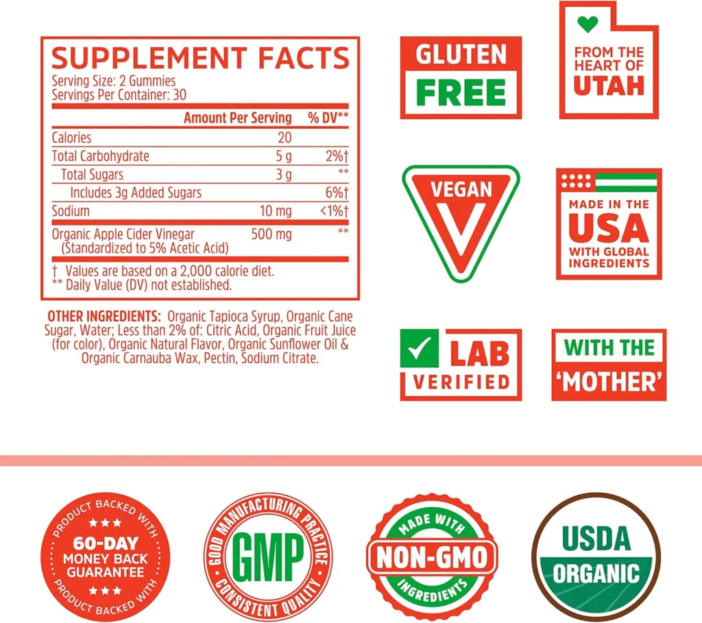 Zhou Nutrition Apple Cider Vinegar Gummies supplement facts, ingredients, and certifications.
