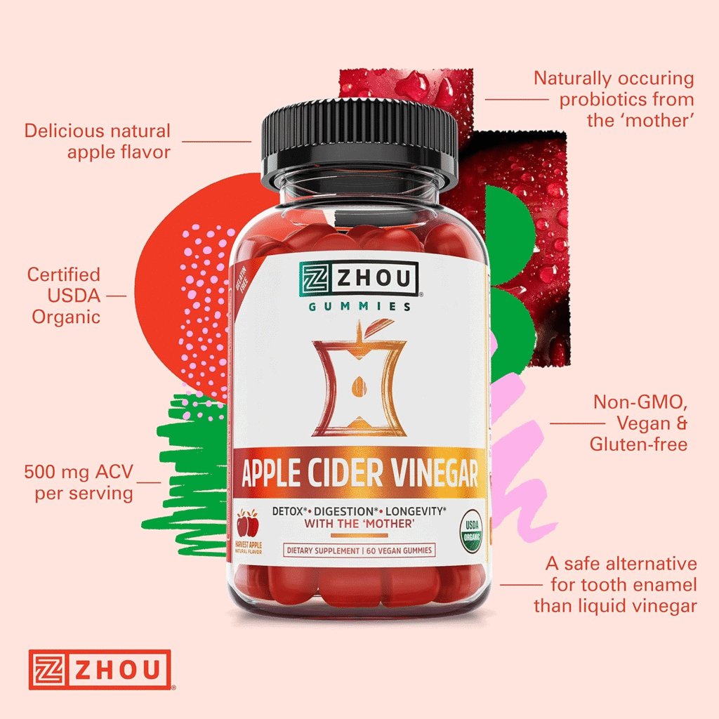 Zhou Nutrition Apple Cider Vinegar Gummies bottle. 60 vegan gummies. 500mg ACV per serving.