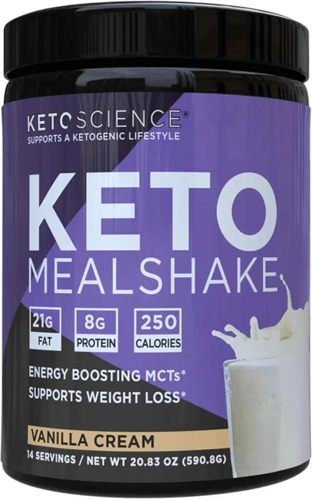 Keto Science Keto Meal Shake Vanilla Cream: 21g fat, 8g protein, 250 calories. Supports weight loss.