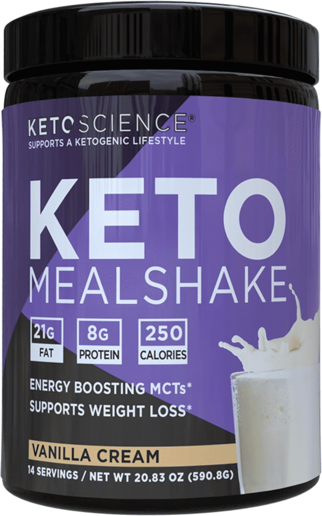 Keto Science Keto Meal Shake Vanilla Cream: 21g fat, 8g protein, 250 calories. Supports weight loss.