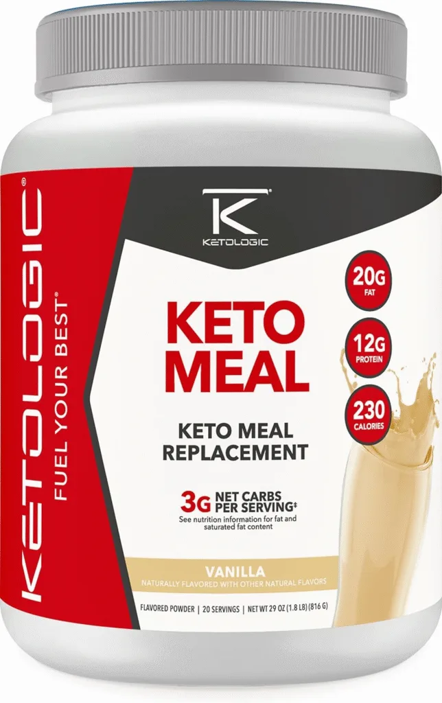 Ketologic Keto Meal Replacement shake container; vanilla flavor, 20 servings, 230 calories, 3g net carbs.