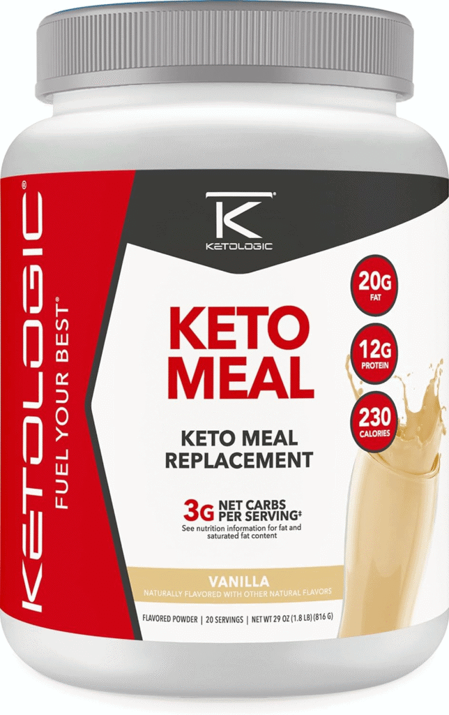 Ketologic Keto Meal Replacement shake container; vanilla flavor, 20 servings, 230 calories, 3g net carbs.