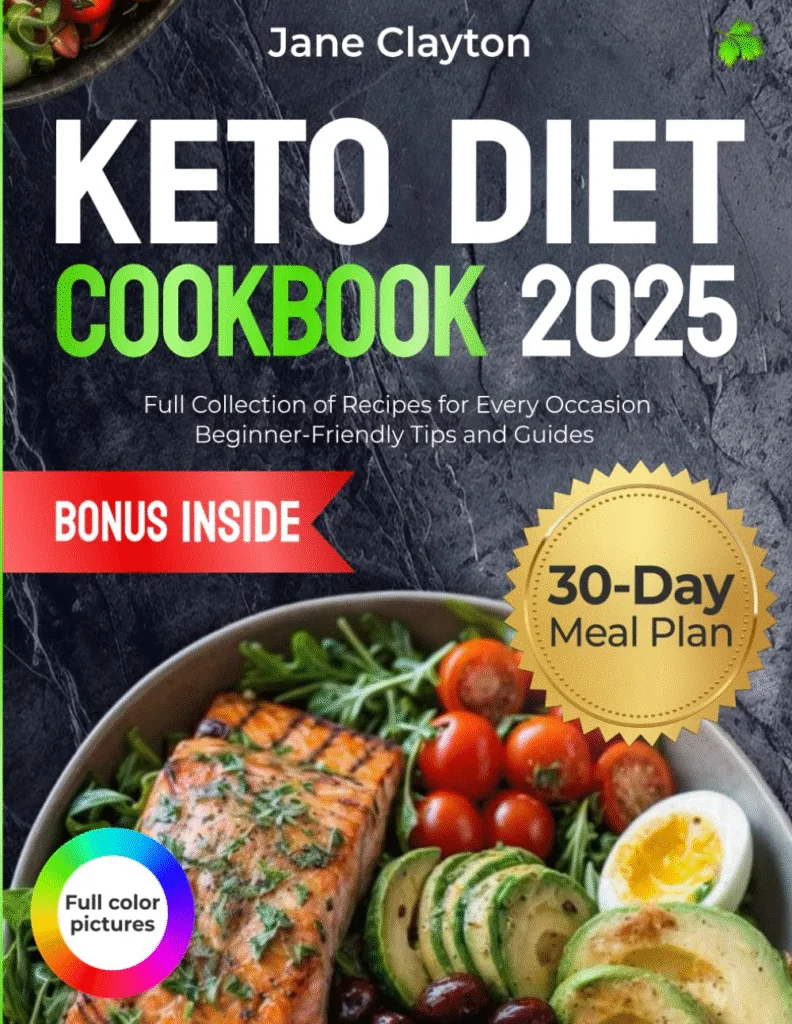 Keto diet cookbook cover featuring a healthy meal with salmon, avocado, and eggs. Learn about ketosis vs fat adaptation.