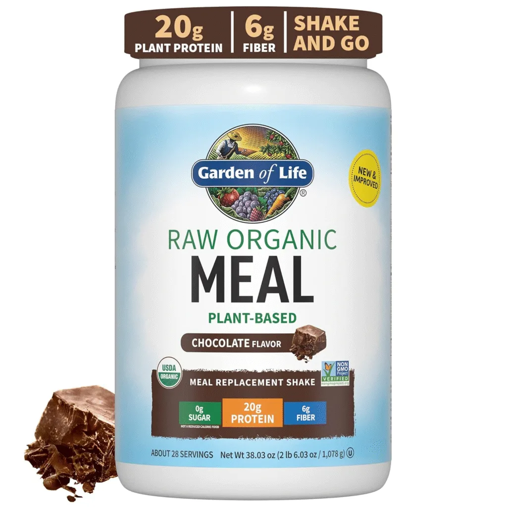 Garden of Life Raw Organic Meal Plant-Based Chocolate Shake, 20g protein, 6g fiber.