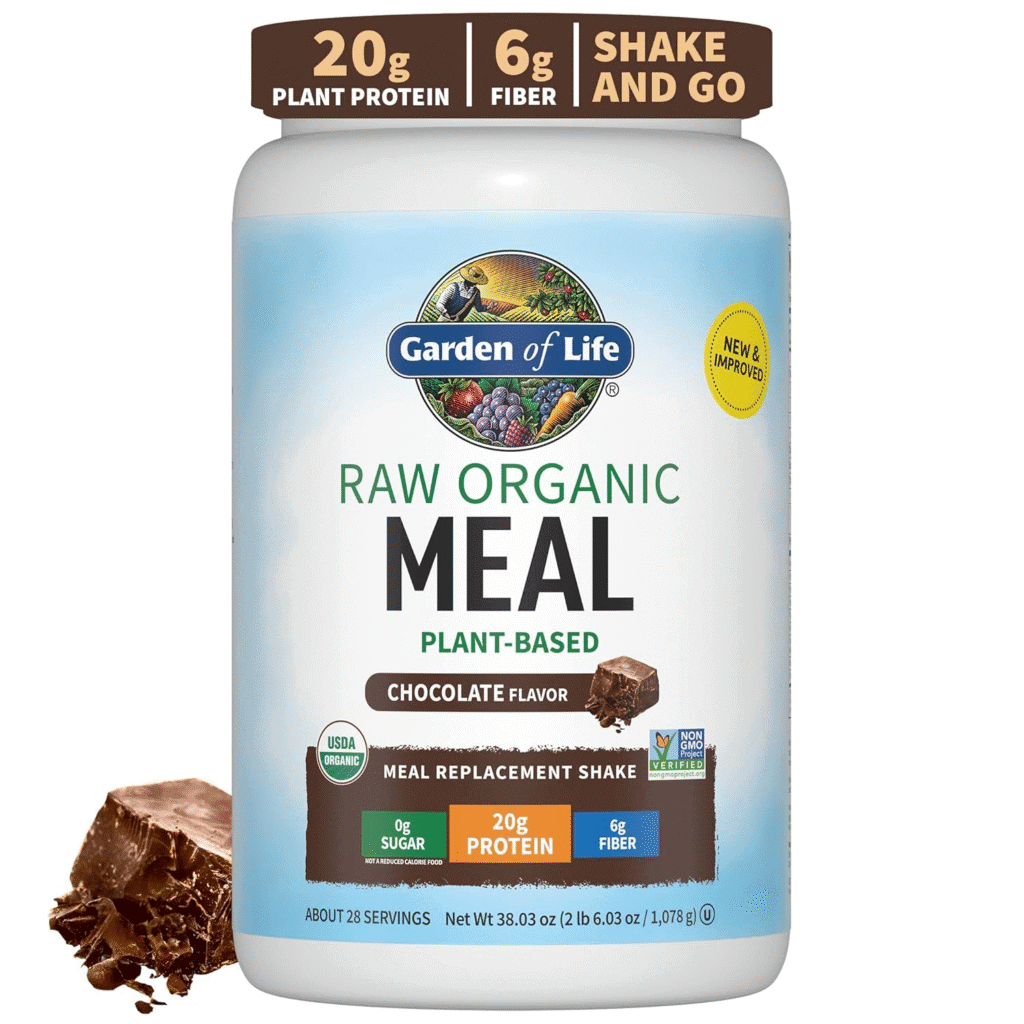 Garden of Life Raw Organic Meal Plant-Based Chocolate Shake, 20g protein, 6g fiber.