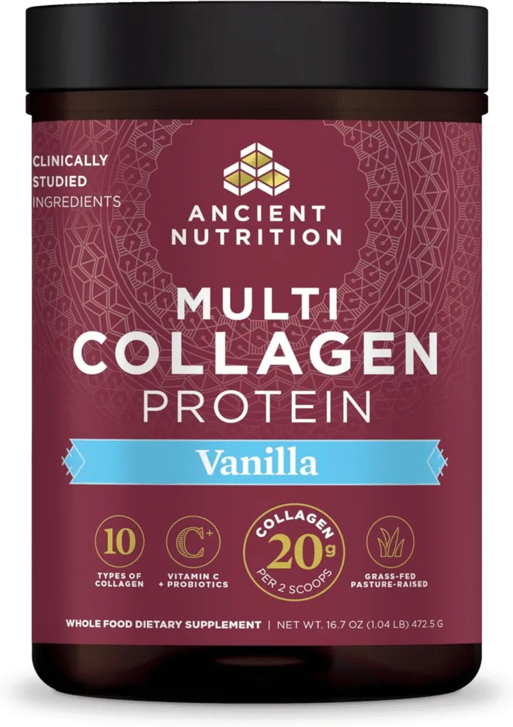 Ancient Nutrition Multi Collagen Protein Vanilla powder container. 20g collagen per 2 scoops.