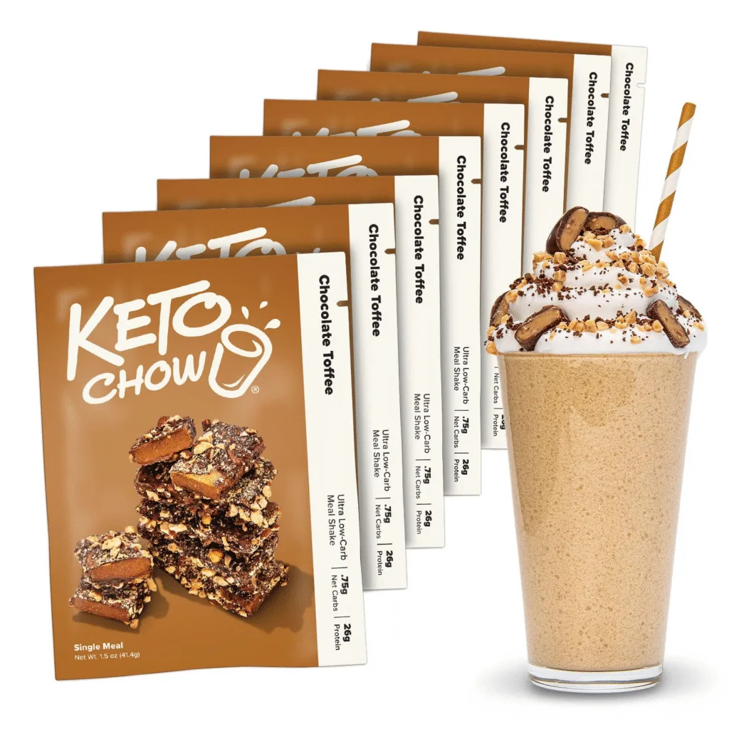 Keto Chow Chocolate Toffee meal replacement shakes; single serving packets & milkshake.