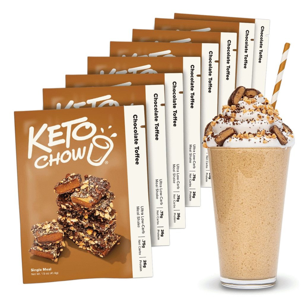 Keto Chow Chocolate Toffee meal replacement shakes; single serving packets & milkshake.