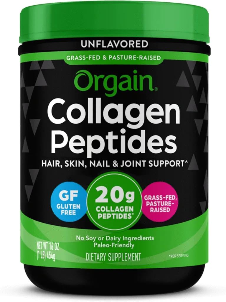 Orgain Collagen Peptides tub: 20g collagen peptides, grass-fed, pasture-raised, gluten-free.