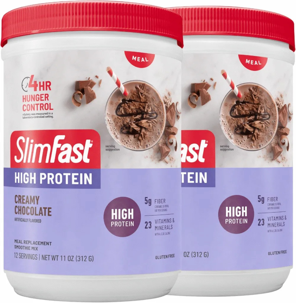 Two tubs of Slimfast Creamy Chocolate High Protein meal replacement shakes.