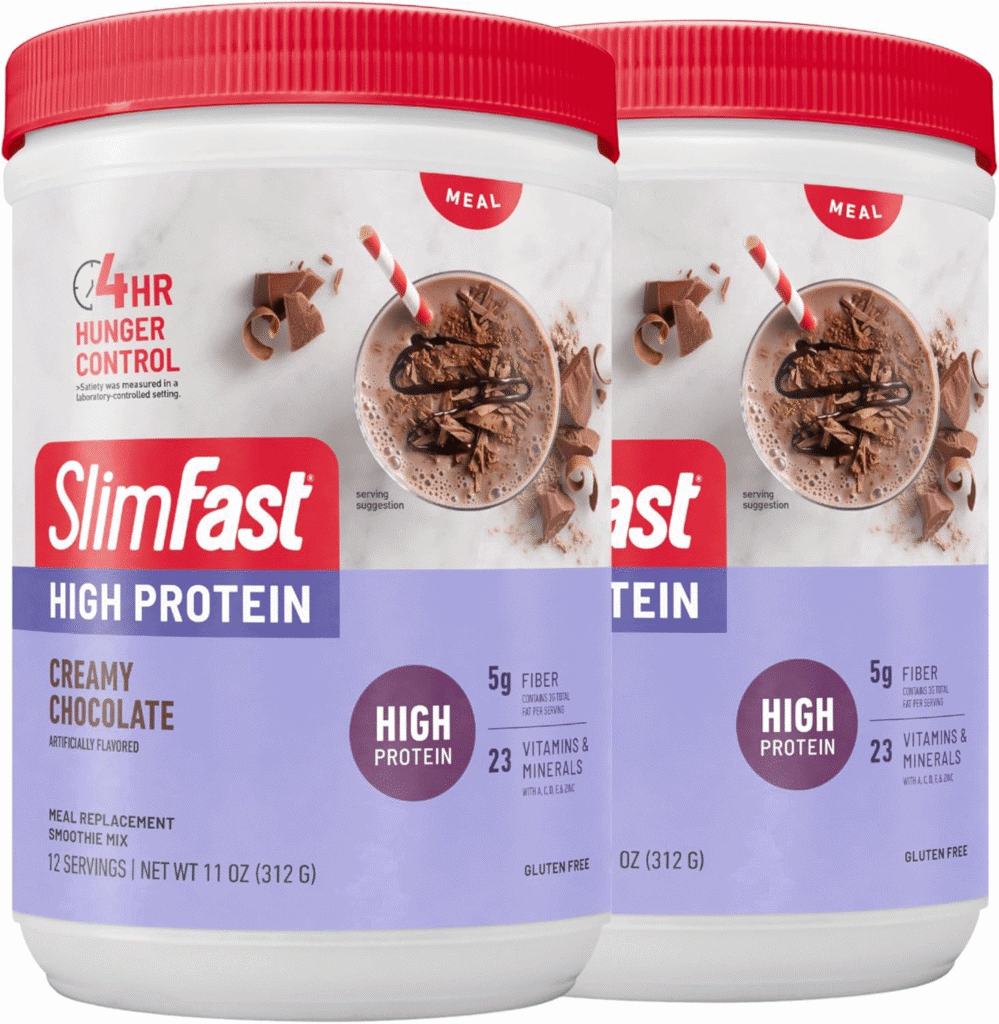 Two tubs of Slimfast Creamy Chocolate High Protein meal replacement shakes.
