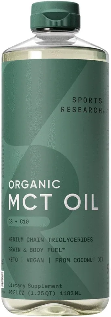 Sports Research Organic MCT Oil bottle, 40 fl oz. Keto, vegan, from coconut oil.
