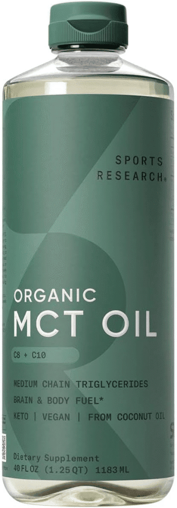 Sports Research Organic MCT Oil bottle, 40 fl oz. Keto, vegan, from coconut oil.