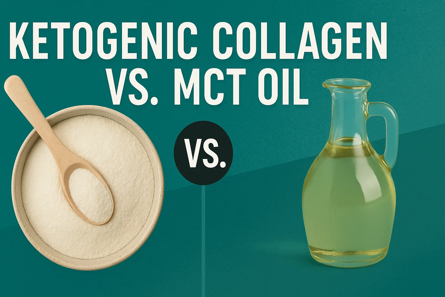 Ketogenic Collagen vs. MCT Oil comparison. Ketogenic collagen powder in a bowl vs. MCT oil in a glass bottle.