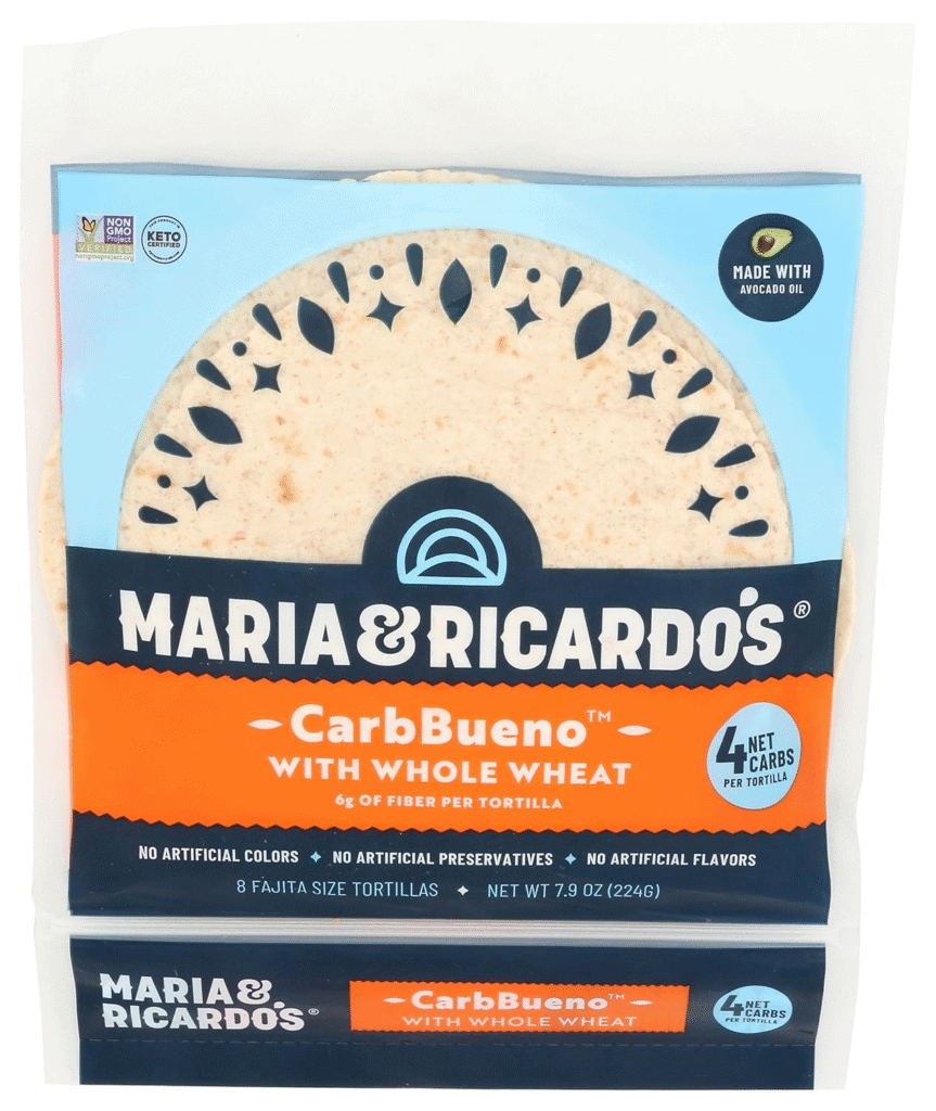 Maria & Ricardo's CarbBueno Keto tortillas with whole wheat, 4 net carbs per tortilla.