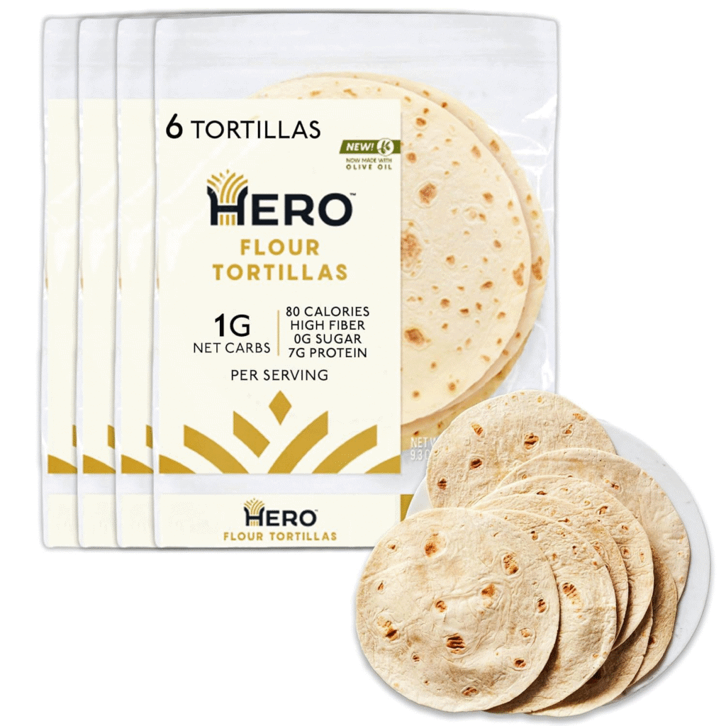 Hero Flour Tortillas: 6-pack, 1g net carbs per serving. Great low-carb option!